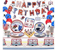 Hegbolke Hockey Party Supplies - Ice Hockey Birthday Party Set Including Plates, Cups, Napkins, Tablecloth, Hanging Swirl, Balloons, Banner for Kid's Hockey Fans Birthday Gameday - Serves 20