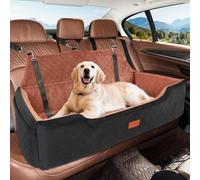 HEGGCOOE Large Dog Car Seat Under 100 lbs, Washable Dog Car Bed for 2 Medium Dogs, Detachable Pet Booster Seat with Safety Leashes and Storage Pockets for Back Travel Bed-Black/brown