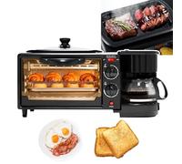 HEGGMKK 3 In 1 Breakfast Station, Portable Breakfast Machine, With Non-Stick Frying Pan + 400ml Coffee Maker, 100-230° Temperature Control + 30min Timing, for Home, Office, Dormitory,Black