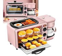 HEGGMKK Portable Oven Breakfast Maker, with Coffee Machine, 3 in 1(Oven+frying Pan+coffee), Double Knob Adjustment: 30m Time + 100-230°C Temperature, for Apartments,Pink