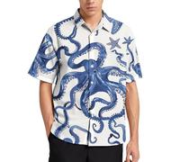 Hehanus Hawaiian Style Mens Shirts Octopus Graphic Shirt Casual Traopical Plants Print Summer Beach Shirt, Blue1, XL