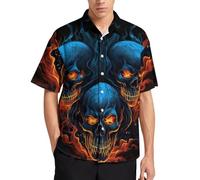 Hehanus Men's Skull Hawaiian Shirts Flame Skull Print Shirt Button Down Short Sleeve Beach Shirt, Blue3, 3XL