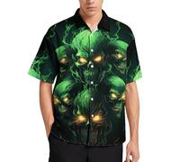 Hehanus Men's Skull Hawaiian Shirts Flame Skull Print Shirt Button Down Short Sleeve Beach Shirt, Green2, Large