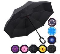 HeHe Umbrella Inverted/Reversible, Windproof Umbrella Double Layer Inside-Out Hands Free Self-Standing for Women and Men, Anti-UV Windproof Travel Umbrella with Carrying Bag