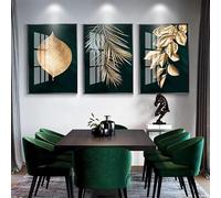 HEHGVCF 3-Piece Premium Poster Set, Gold, Canvas Pictures Leaves, Natural Golden Plants Leaf Wall Picture, Gallery Living Room, Art Deco Gold Wall Picture, Frameless (Gold, 40 x 60 cm)