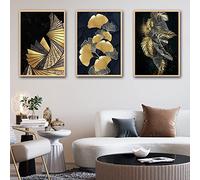 HEHGVCF Black Gold Leaves Pictures Canvas Golden Leaves Wall Pictures Plant Leaf Picture Wall Pictures Modern Golden Pictures Frameless x 3 (A, 30 x 45 cm)
