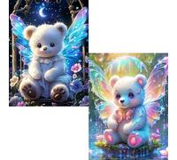 HEIBAGO 2 Pack 5D DIY Cute Bear Diamond Art Painting Kits for Audlts, Full Drill Bear with Wings Diamond Painting for Beginners Embroidery Diamond Dots Flowers Art Crafts for Home Decor 30x30cm