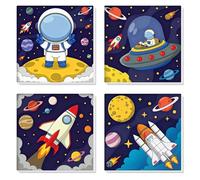 HEIBAGO 4 Pack Framed Paint by Numbers for Adults, Astronaut DIY Paint by Number on Canvas for Beginners, Adult Cargo Paint by Numbers Kits, Space Oil Paint by Numbers for Wall Decor 8x8 inch