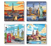 HEIBAGO 4 Pack Framed Paint by Numbers for Adults, City Architecture DIY Paint by Number on Canvas for Beginners, Adult Cityscape Paint by Numbers Kits, Oil Paint by Numbers for Wall Decor,20x20cm