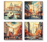 HEIBAGO 4 Pack Framed Paint by Numbers for Adults, Landscape DIY Paint by Number on Canvas for Beginners, Adult Eiffel Tower Paint by Numbers Kits, Big Ben Oil Paint by Numbers for Wall Decor，8x8 inch