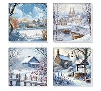HEIBAGO 4 Pack Framed Paint by Numbers for Adults, Winter Landscape Paint by Number on Canvas for Beginners, Adult House Paint by Numbers Kits, DIY House Oil Paint by Numbers for Wall Decor 8x8 inch
