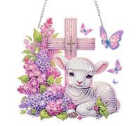 HEIBAGO Flowers Hanging Diamond Painting Kits for Adults, Easter Lamb Diamond Art Hanging Ornaments Pendant with Chain, DIY Special Shaped Cross Crystal Diamond Painting Gem Art Craft for Home Decor