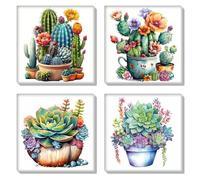 HEIBAGO Framed Paint by Numbers for Audlts, 4 Pack Cactus Flower Paint by Numbers Kits for Beginners, DIY Succulent Oil Paint by Numbers Canvas Art Craft Pictures for Home Decor，8×8 inch