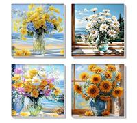 HEIBAGO Framed Paint by Numbers for Audlts Beginners, 4 Pack Flowers Paint by Numbers Canvas, Audlt DIY Landscape Oil Paint by Numbers Kits, Animal Painting Art Craft for Home Wall Decorate,20x20cm