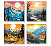 HEIBAGO Framed Paint by Numbers for Audlts Beginners, 4 Pack Mountains Paint by Numbers, Audlt DIY Landscape Oil Paint by Numbers Kits, Pine Trees Painting Art Craft for Birthday Gifts, 8×8 inch