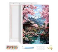 HEIBAGO Mountains Framed Paint by Numbers for Audlts, Landscape Paint by Numbers Kits for Beginners, DIY Cherry Blossoms Oil Paint by Numbers Canvas Art Craft Pictures for Home Decor 20x30cm