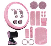HEIBTENY 21 Pieces Car Interior Accessories Set Rhinestone Steering Wheel Cover Phone Holder Coaster Shoulder Covers For Vehicle Interior Decor(Pink)