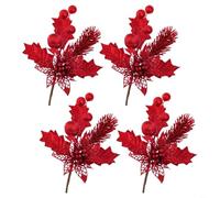 HEIBTENY 4Pcs Artificial Christmas Tree Branch Picks with Hollowed Fruit Design and Glitter Finish for Holiday Tree Wreath and Centerpiece Decoration(Red)