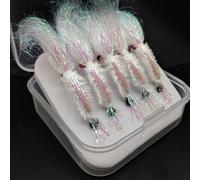 HEIBTENY 5Pcs Ice Shrimp Fly Fishing Lures With 3D Eyes Reflective Ice Silk Bait Hooks High Carbon Steel For Trout Salmon Bass Sea Freshwater Size 4# For Fish 25-5kg(6#)