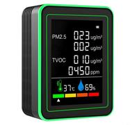 HEIBTENY 6-in-1 Air Quality Monitor with PM2.5 and TVOC Sensor, Digital Temperature Humidity Tester for Home Office, Portable Gas Detector with Large Display, 1200mAh Battery, Black(Black)