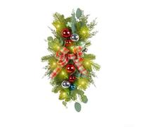 HEIBTENY Artificial Christmas Teardrop Stairway Swag Cordless Wreath Door Garland with Red Berries, Plastic Festive Decoration for Home Indoor Outdoor, 45/48/55 cm(grid ribbon warming)