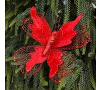 HEIBTENY Christmas Tree Butterfly Ornaments Decorative Picks - 6 Beautiful Colors Red Gold Pink Green White Rose Gold - 22 x 20 cm Fabric Holiday Decorations(red)