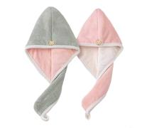 HEIBTENY Double-Layer Thickened Coral Fleece Cap Fast Absorbent Quick-Drying Wrap, With Wooden Buttons Lintless Shower Drying Hat, For Women And Girls(Green +white pink)