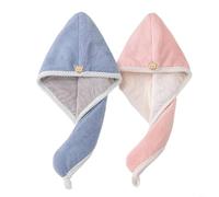 HEIBTENY Double-Layer Thickened Coral Fleece Cap Fast Absorbent Quick-Drying Wrap, With Wooden Buttons Lintless Shower Drying Hat, For Women And Girls(Blue +pink white)