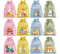 HEIBTENY Easter Bunny Drawstring Bags 12 Pack, Reusable Cloth Candy Present Pouches with Festive Rabbit Pattern for Holiday Treats, Small Gifts, Party Favors, Kids Egg Hunt Supplies,(A)