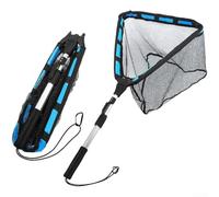 HEIBTENY Fly Fishing Landing Net Soft Coated Rubber Mesh Triangle Folding Net Buoyant Aluminum Alloy Handle for Trout for KAYAK Boat Shore Fishing Black Blue(Regular version)