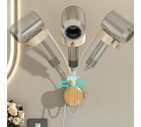 HEIBTENY Hair Dryer Holder Wall Mounted with Strong Suction Cup, No Drill Installation, 360° Adjustable Arm for Hands-Free Styling, Fits Most Standard Dryers(Walnut)
