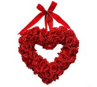 HEIBTENY Handmade Silk Flowers Hearts Wreath with Rose and Eucalyptus Leave, Artificial Floral Decorations for Valentine's Day Wedding Home Decor, Realistic Plastic Garland 35x35cm(16inch)