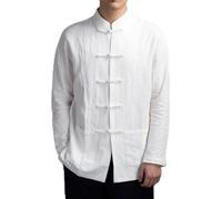 HEIBTENY Men's Chinese Tang Suit Uniform Jacket Traditional Kung Fu Tai Chi Coat, Solid Color, Long Sleeve (2XL White)