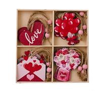 HEIBTENY Pack of 12 Wooden Heart-Shaped Valentine's Day Jewellery for the Tree, Valentine's Day Decoration (A)