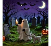 HEIBTENY Resin Halloween Dog Statue 6 Inch White Walking Dog Figurine for Garden, Porch or Indoor Display, Charming Ornament for Spooky Holiday Home Decoration(Dog walking)