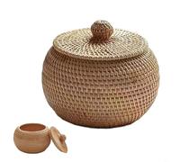 HEIBTENY Round Rattan Box with Lid, Handmade Desktop Storage Basket Decorative Boxes Woven Wicker Organiser Box for Snacks, Chess Pieces, Jewellery, Fruit Baskets
