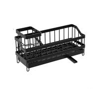 HEIBTENY Sponge Holder Sink Drain Rack,with Dishcloth and Brush Stand, Carbon Steel Kitchen Organizer,with Removable Drip Tray,for Fast Drying, Black, 24.5x13x9cm