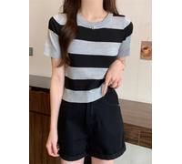 HEIBTENY Stretch Fitted Casual for top for Yoga Cycling Wear Stretch Fitted | Striped design, short sleeve, round neck, summer casual, vacation ready
