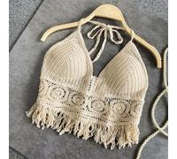HEIBTENY Womens Crochet Knit Halter Top Boho Backless Tassel Camisole Beach Holiday Swimsuit Cover Up Acrylic Crop Tank Vest White(Apricot)
