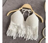 HEIBTENY Womens Crochet Knit Halter Top Boho Backless Tassel Camisole Beach Holiday Swimsuit Cover Up Acrylic Crop Tank Vest White(White)