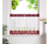 HeichkelL Net Curtains with Stripes, Kitchen Short Curtains, Linen Look, Bistro Curtain, Small Window Curtain, Red with Drawstring, W x H 45 x 120 cm, Pack of 1