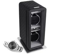 Heiden Monaco Double Watch Winder in Black Leather - Battery Powered or AC Adapter, 12 Program Settings, Diamond Stitched Vegan Leather, Soft Linen Interior, Large Interior Space for Large Watches,
