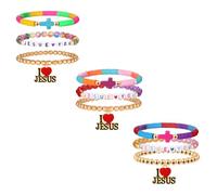 HEIDKRUEGER 9PCS Cross Bracelets I Love Jesus Bracelets Colorful Beaded Stack Bracelet for Jesus Birthday Party Decorations, 6.5inch L + 3inch Extension chain, Acrylic, no gemstone