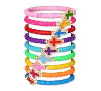 HEIDKRUEGER Cross Bracelets Colorful Polymer Heishi Clay Beaded Stretch Bracelets Stackable Jesus Bracelet for Women, 6.5inch L + 3inch Extension chain, Acrylic, no gemstone