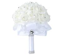 Heidouse Wedding Bouquets for Bride, 7x9in Elegant White Artificial Foam Rose Bridal Bouquet with Crystals Soft Ribbons for Wedding Ceremony & Anniversary Artificial Flowers