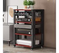 Height Adjustable AV Media Stand with Wheels 4-Tier Audio Rack Tower Gaming Shelves Removable Stereo Cabinet Easy Assembly Teak Finish Versatile Floor Standing Storage