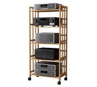 Height Adjustable Bamboo Media Rack with Wheels 2/3/4/5 Tier Home Theater 31.6in Tall 19in Wide Ideal for Amplifiers & AV Components