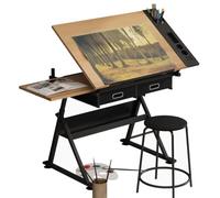 Height Adjustable Drafting Table with Tilting Top Art Craft Desk for Watercolor & Sketching Includes 2 Storage Drawers & Stool Ideal for Home Office & Creative Projects