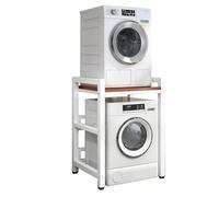 Height Adjustable Dryer Stand - Stacking Kit with 400KG Load Capacity - Over Washer Storage Rack for Front Loader Washing Machines & Tumble Dryers(White Frame+teak)