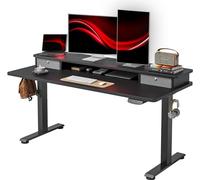 Height Adjustable Electric Standing Desk with Double Drawer 140x60 cm Sit-Stand Desk with Connector Plate Black Modern Home Office Workstation